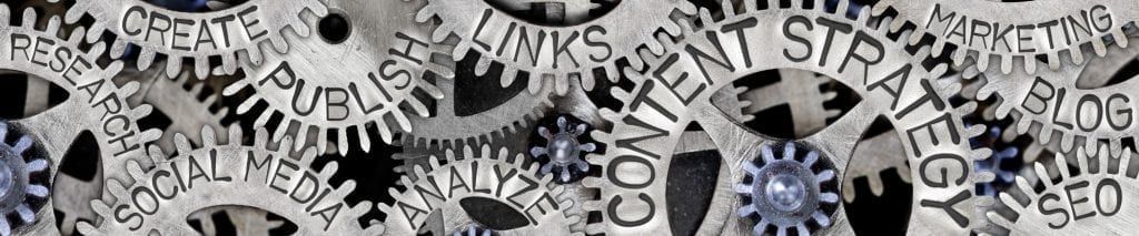 Large group of tooth wheels with Content Strategy, Social Media and Marketing concept related words imprinted on metal surface